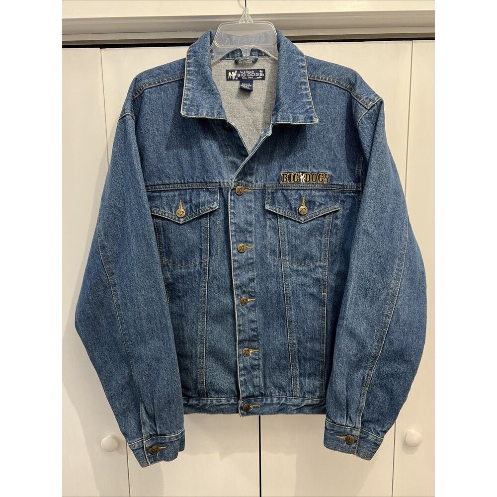 VTG 90s/Y2K BIG DOGS Jean Jacket Sz L Grunge/Trucker Denim FUN & ATTITUDE